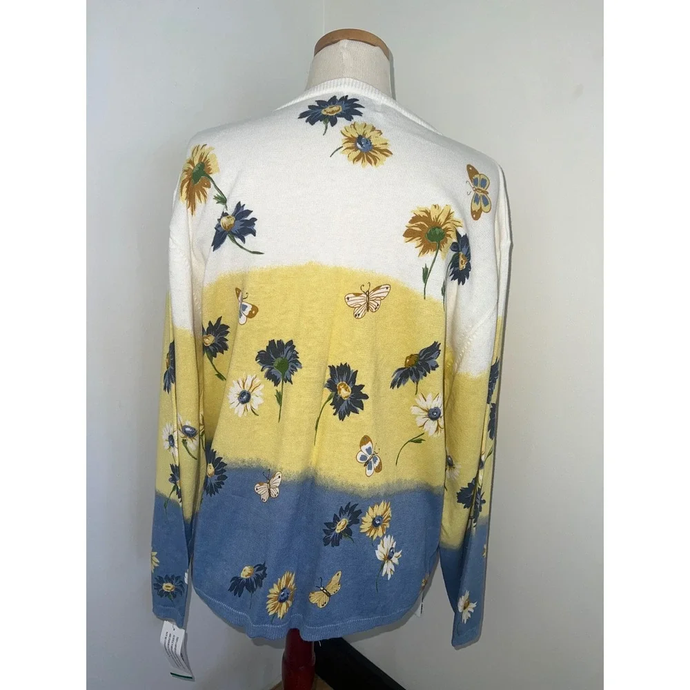 Teddi Vintage Floral Butterfly Cardigan Sweater‎ XL Blue Yellow White Cotton